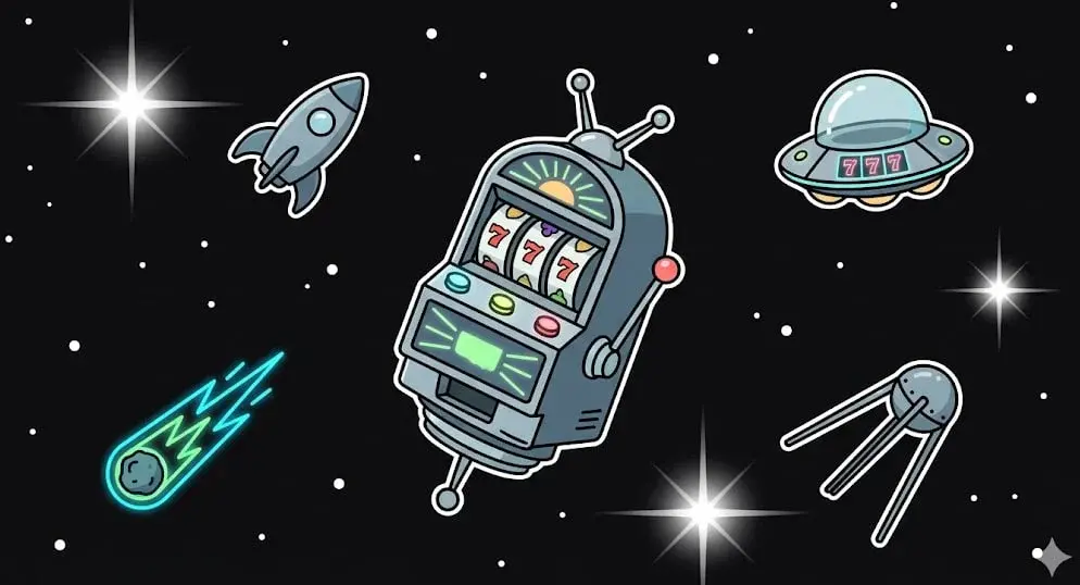 Cartoon slot machine floating in space with winning 777 symbols, surrounded by rocket, UFO, comet, and satellite, representing cosmic casino theme for www.freeslots99.com