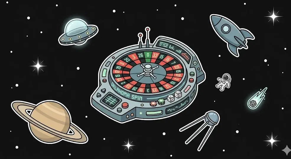 Cartoon illustration of a roulette wheel labeled Galactic Spin floating in space with rocket, UFO, astronaut, and planets, representing cosmic casino theme for www.freeslots99.com